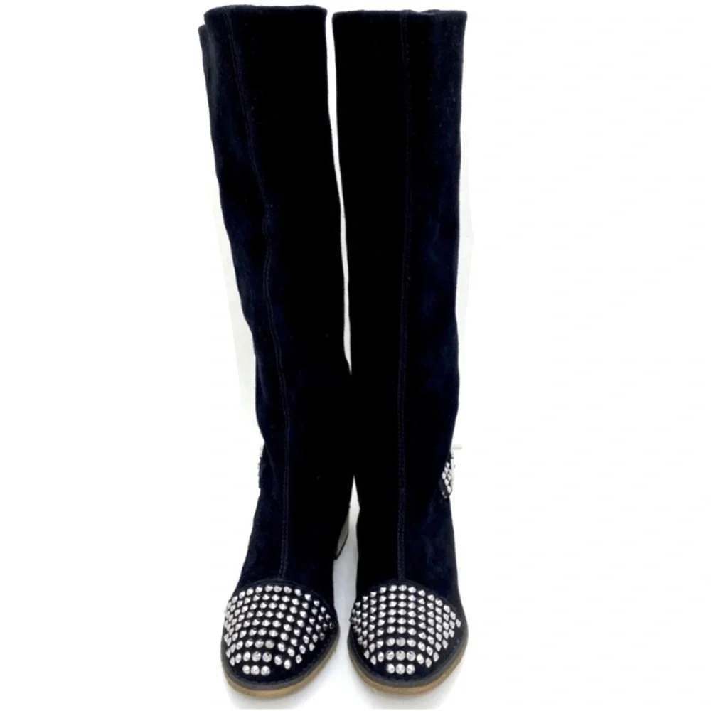KELSI Dagger Studded Cup toe Rover Suede Knee High Riding Moto Boot in Black